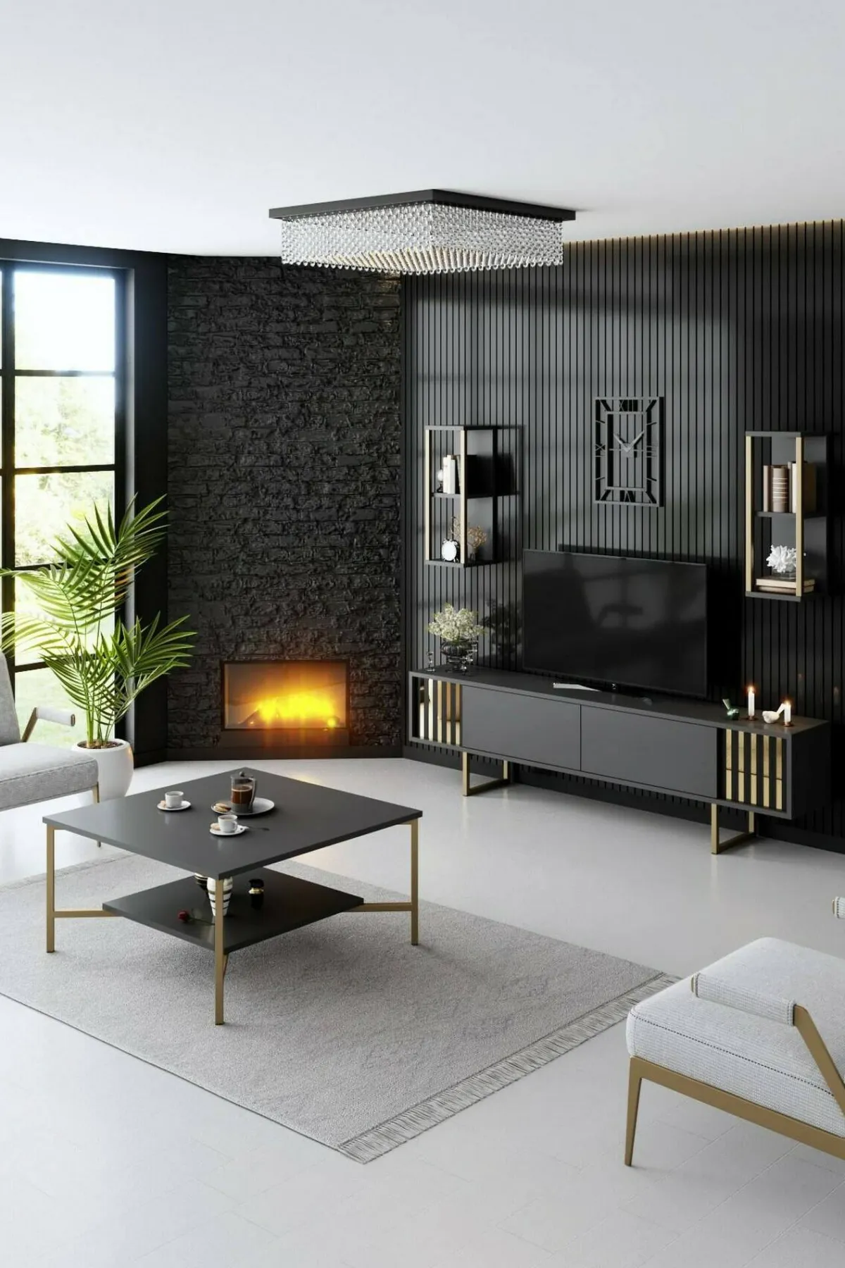 Mobili Porta Tv|Salotto > Dmora Porta TV antracite e oro 180x30x48h cm modulabile - Artinay Oro, Nero Antracite