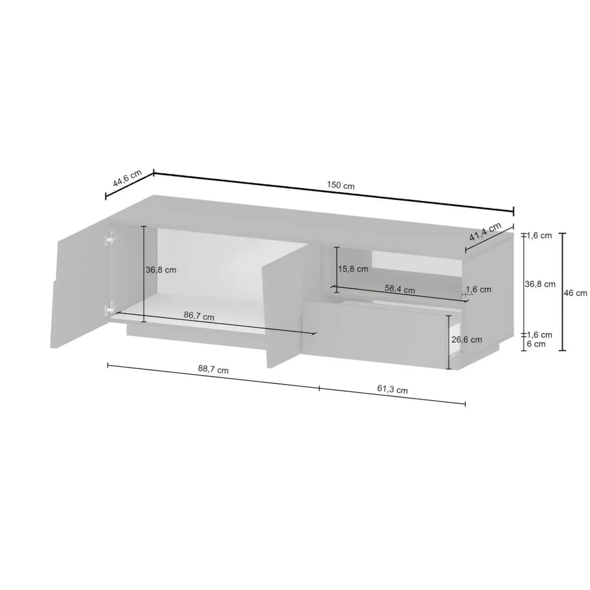Porta TV antracite 150x44x46h cm 2 ante e 1 cassetto - Cecia