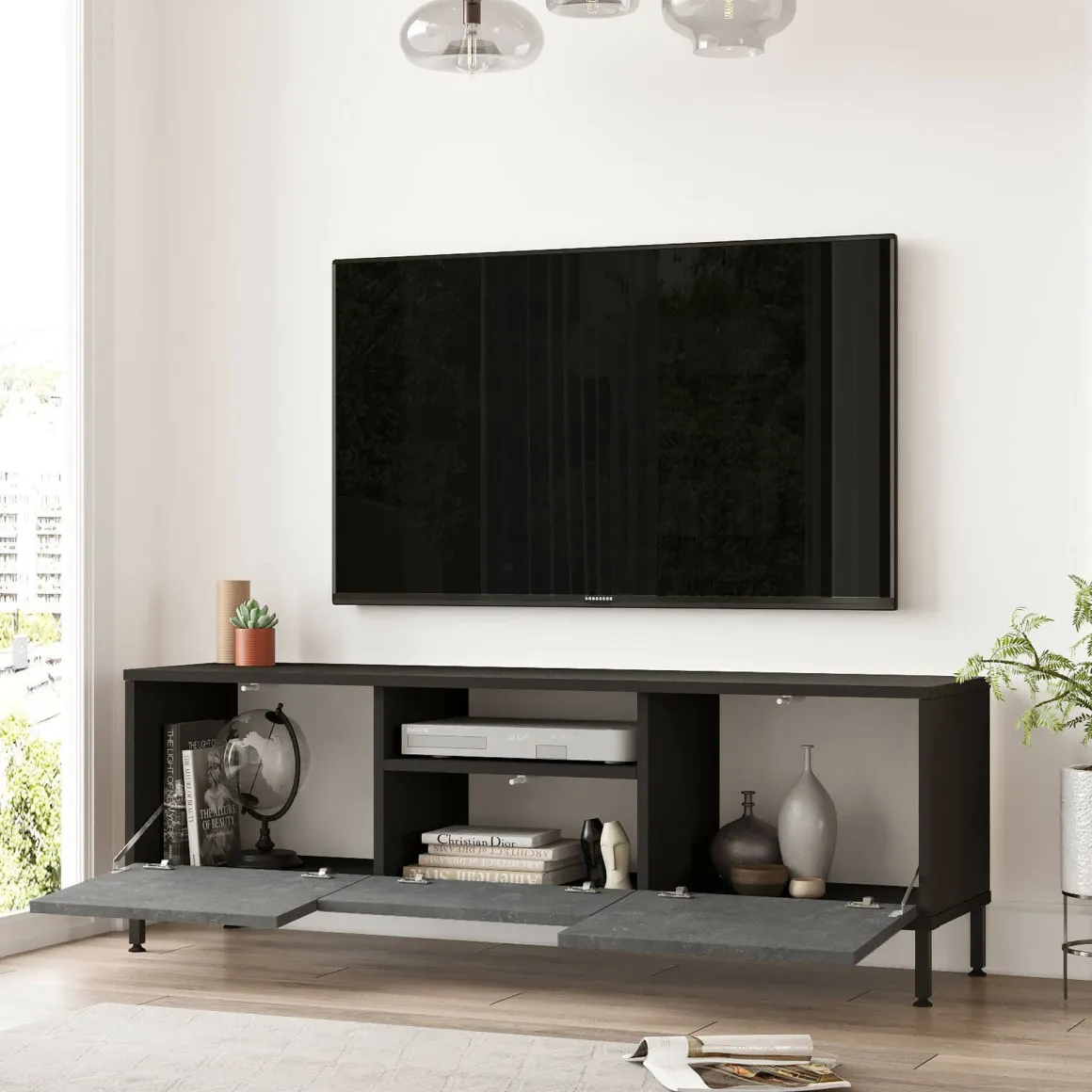 Porta TV argento e nero 140x35x46h cm 3 ante - Khagan