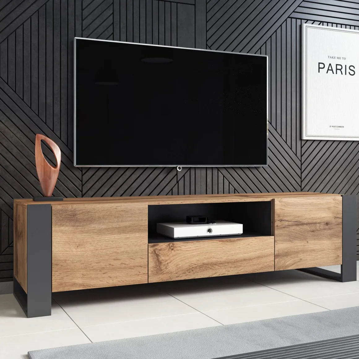 Porta TV beige 150x42x60h cm 3 ante - Frassino
