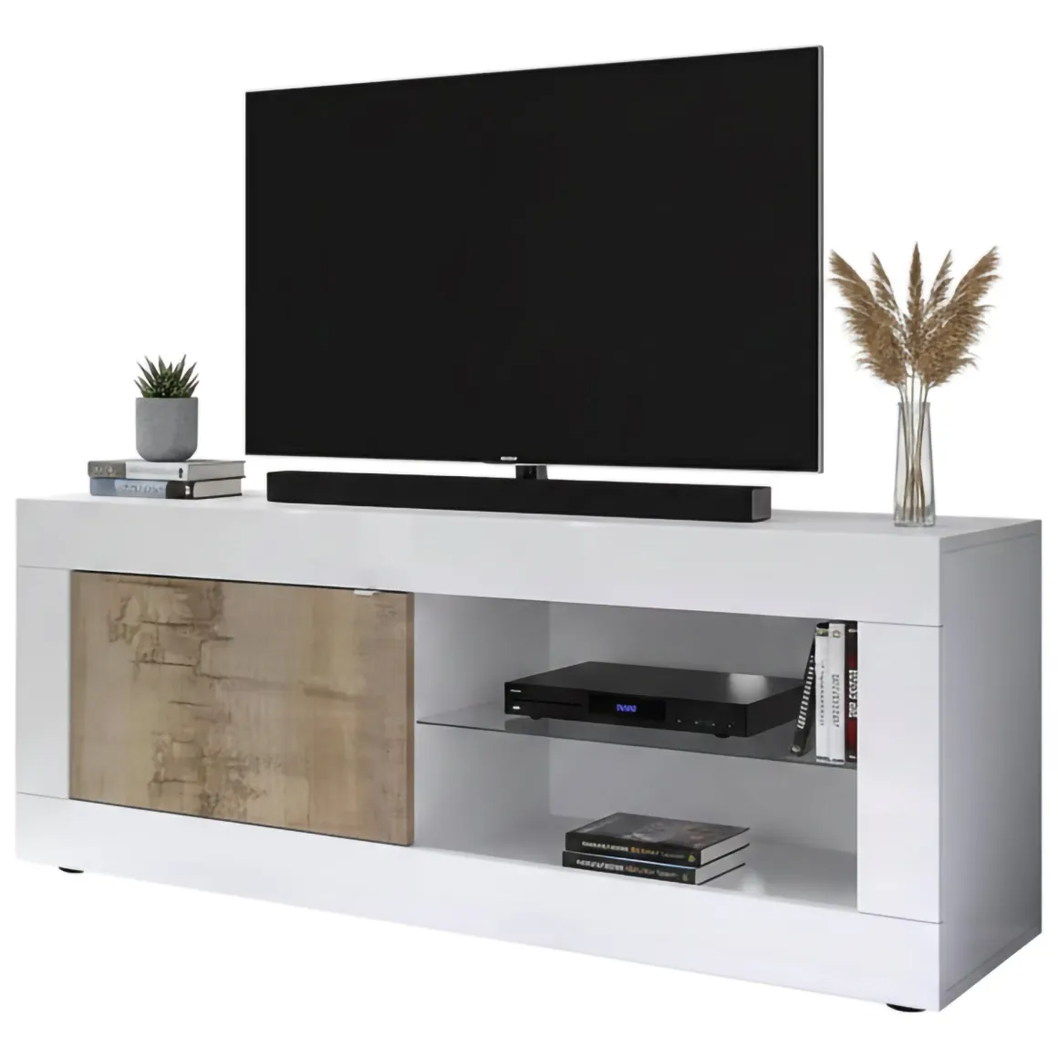 Porta TV bianco e acacia 140x43x56h cm in legno - Hector