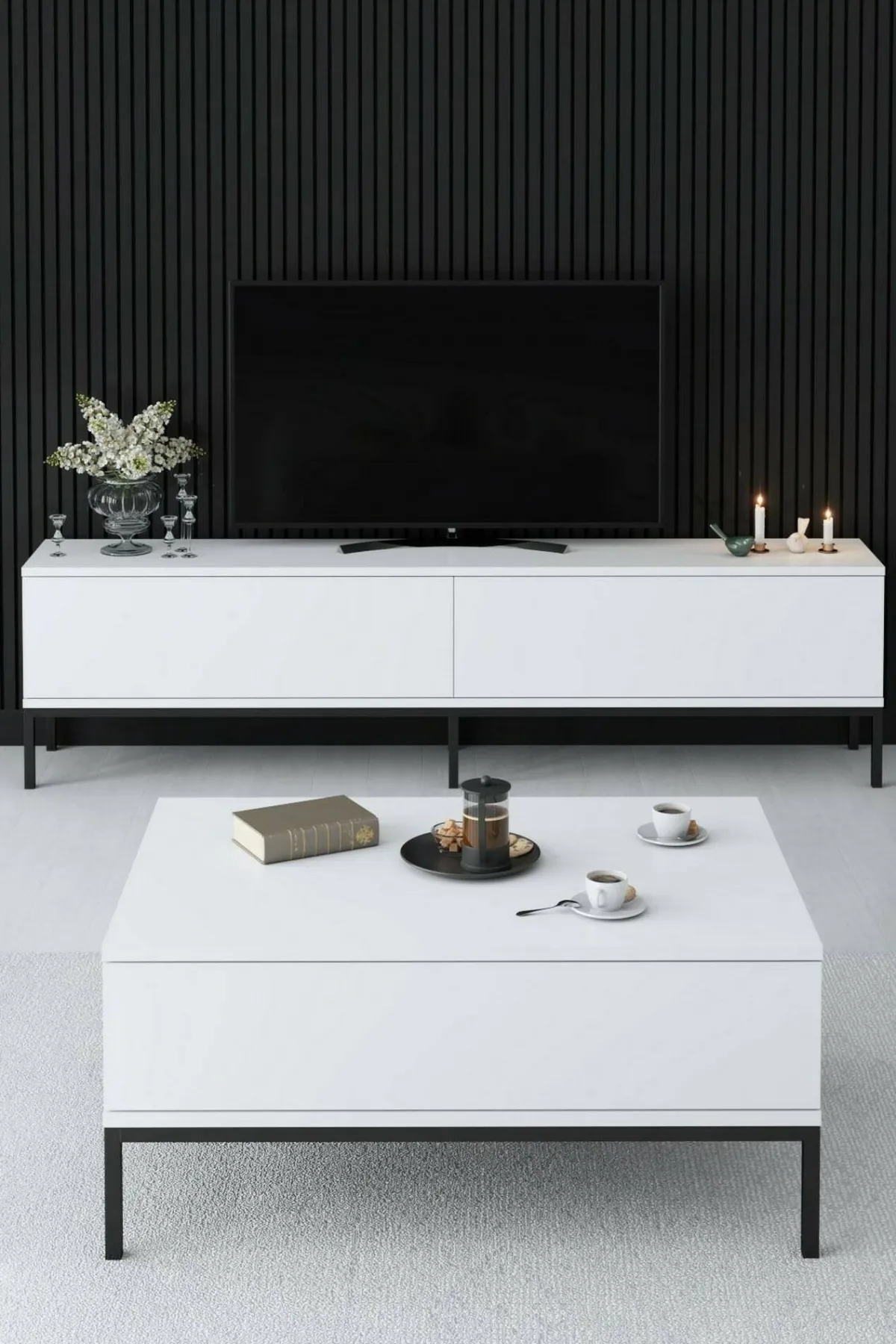 Mobili Porta Tv|Salotto > Dmora Porta TV bianco e nero 180x30x47h cm modulabile - Espero Nero, Bianco