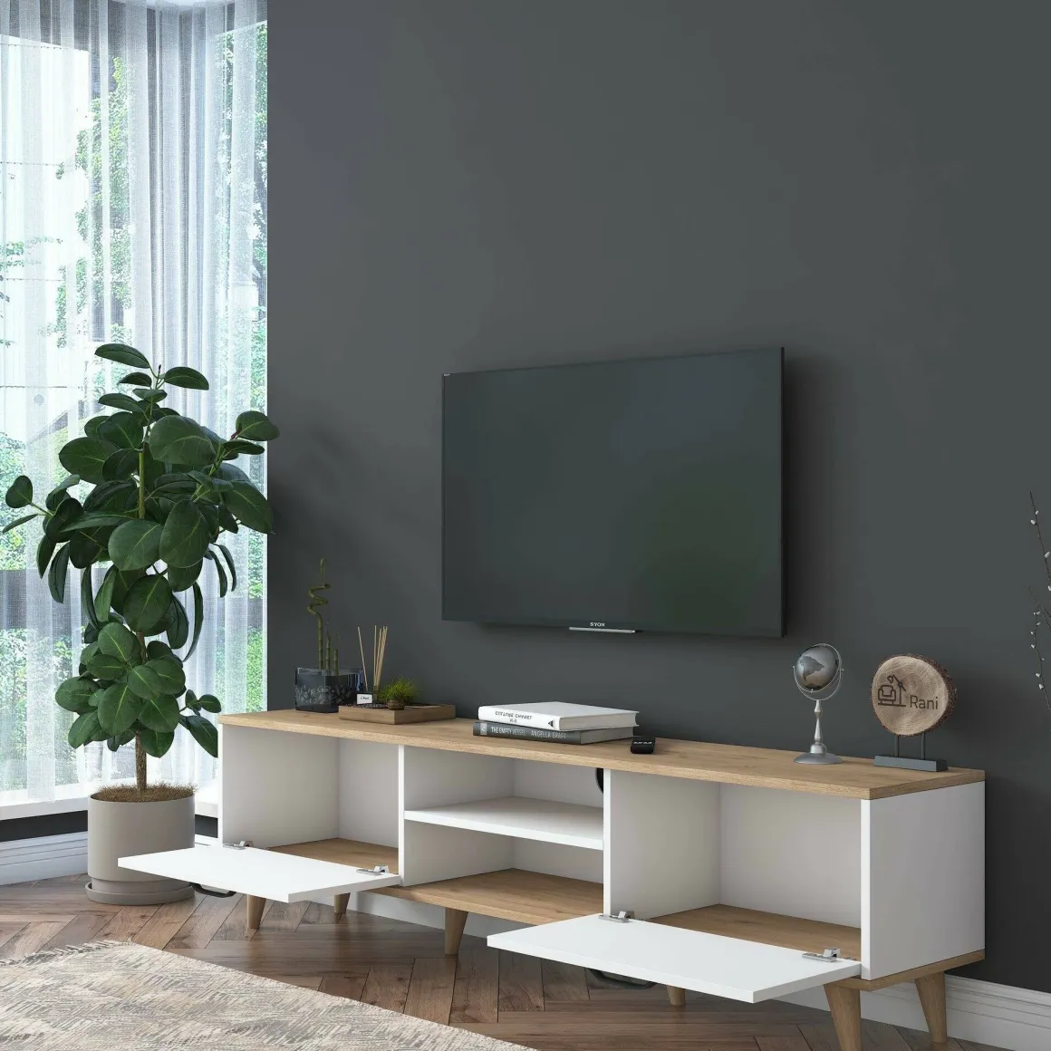 Porta TV bianco e noce 180x35x48h cm modulabile - Messalina