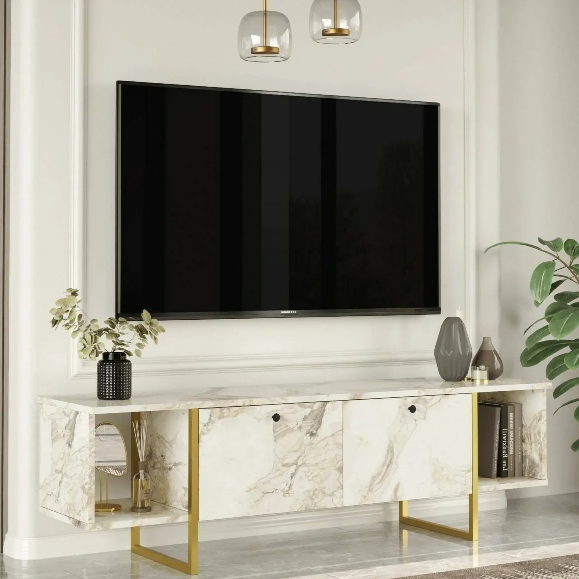 Porta TV bianco e oro 160x40x47h cm 2 ante - Adalberta