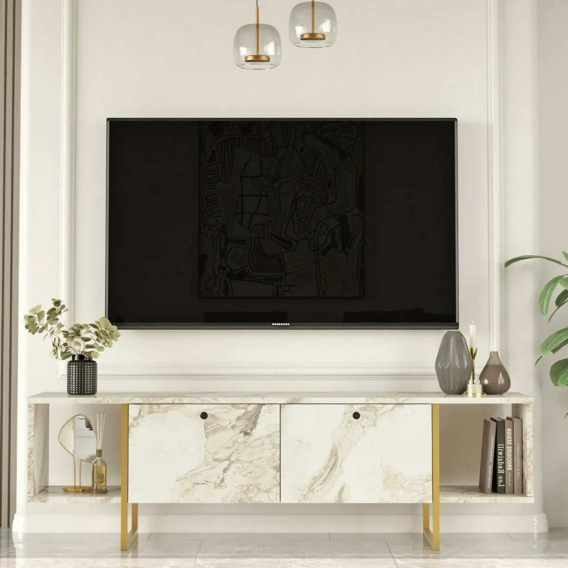 Porta TV bianco e oro 160x40x47h cm 2 ante - Adalberta