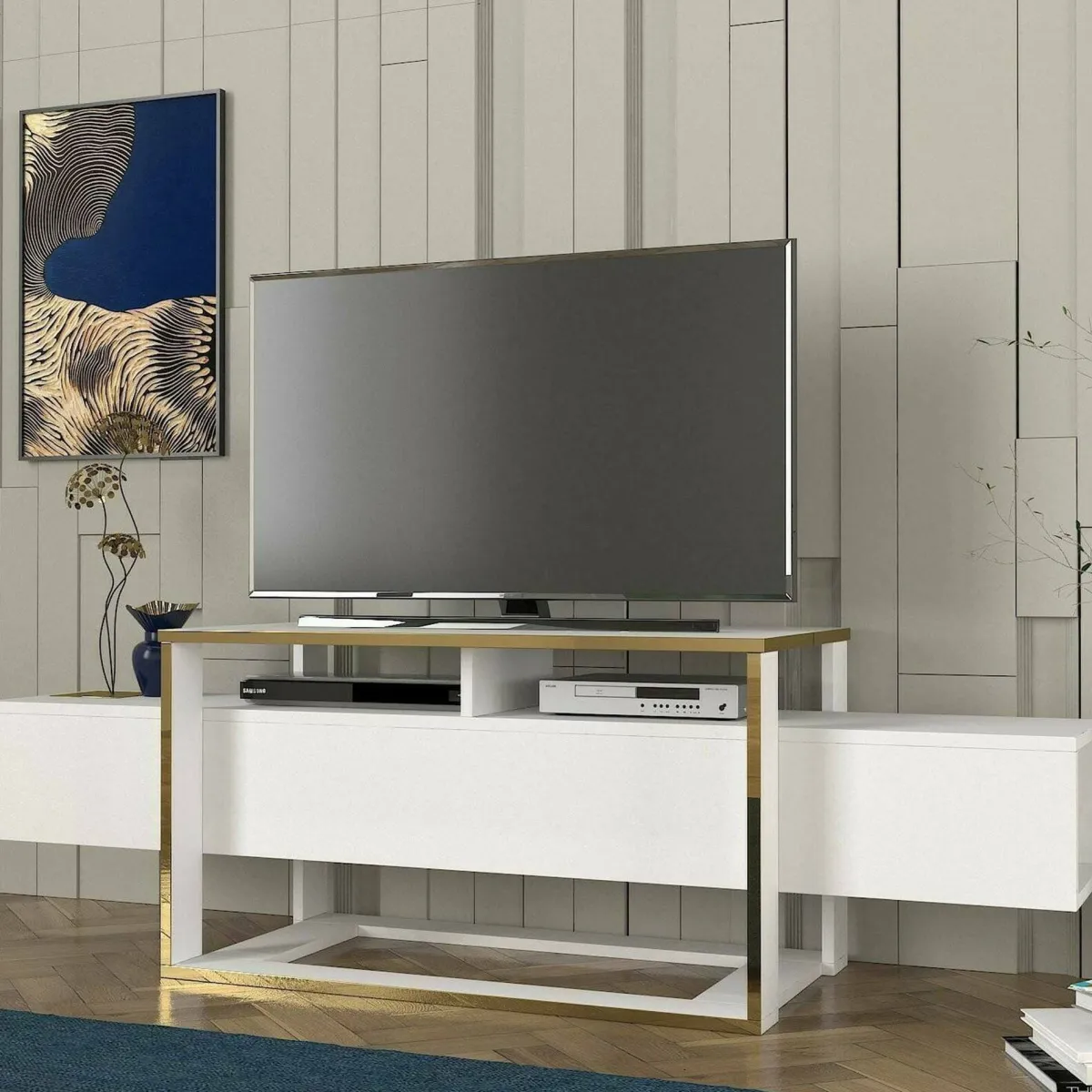 Mobili Porta Tv|Salotto > Dmora Porta TV bianco e oro 160x46x49h cm in legno - Jo Oro, Bianco