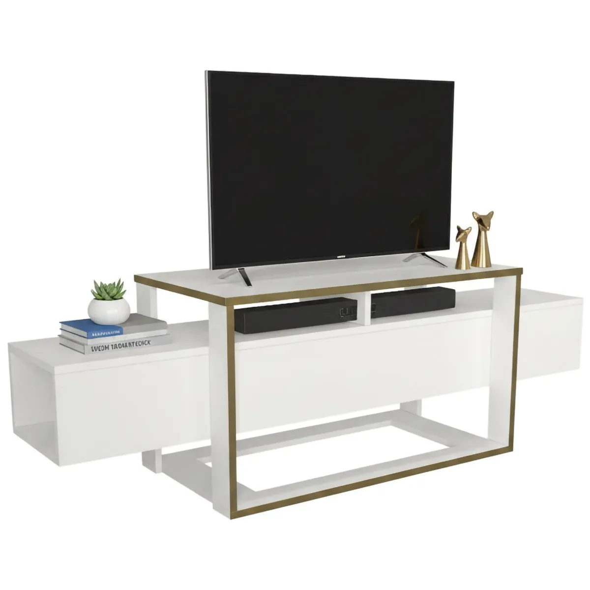 Mobili Porta Tv|Salotto > Dmora Porta TV bianco e oro 160x46x49h cm in legno - Jo Oro, Bianco