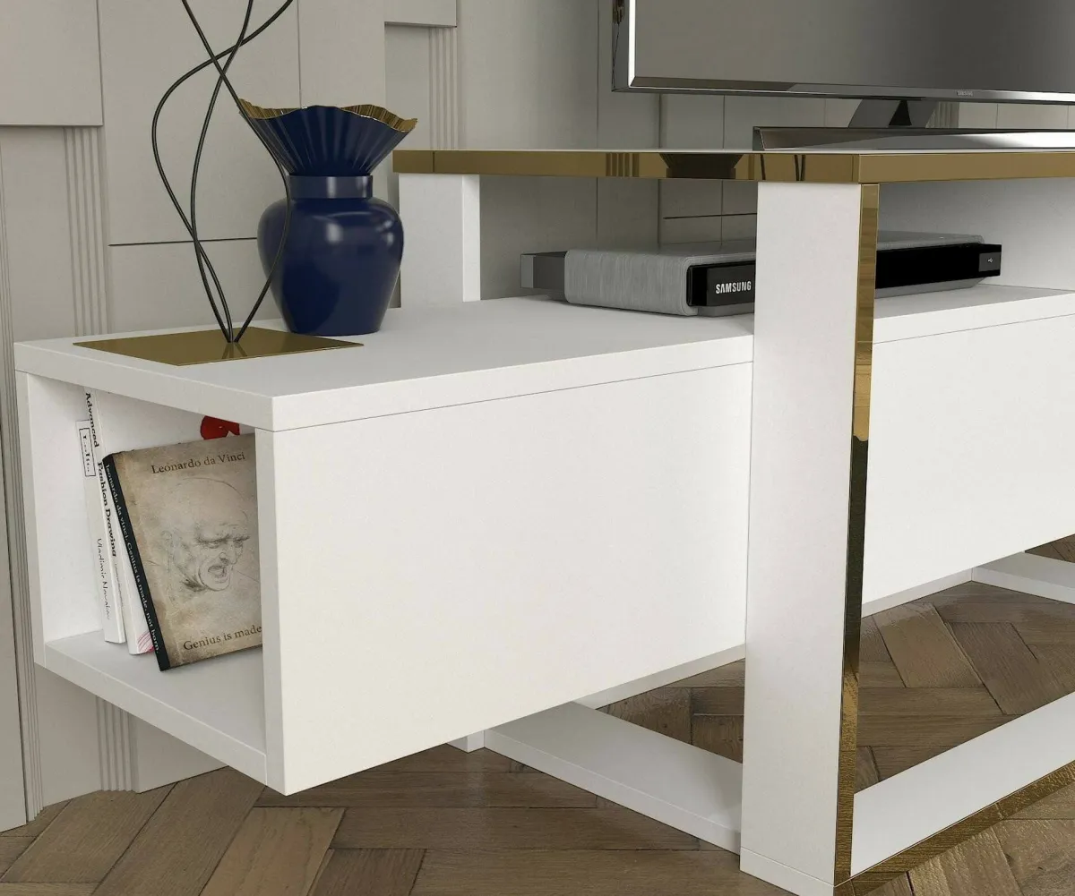 Mobili Porta Tv|Salotto > Dmora Porta TV bianco e oro 160x46x49h cm in legno - Jo Oro, Bianco