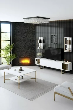 Mobili Porta Tv|Salotto > Dmora Porta TV bianco e oro 180x30x48h cm modulabile - Artinay Oro, Bianco