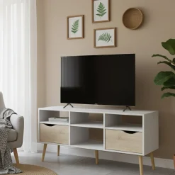 Mobili Porta Tv > Dmora Porta TV bianco e quercia 149x41x50h cm 2 ante - Damrey Marrone, Bianco Quercia