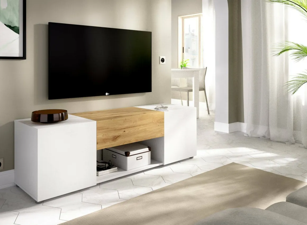 Porta TV bianco e rovere nodi 138x35x44h cm 2 ante e 1 cassetto - Acik