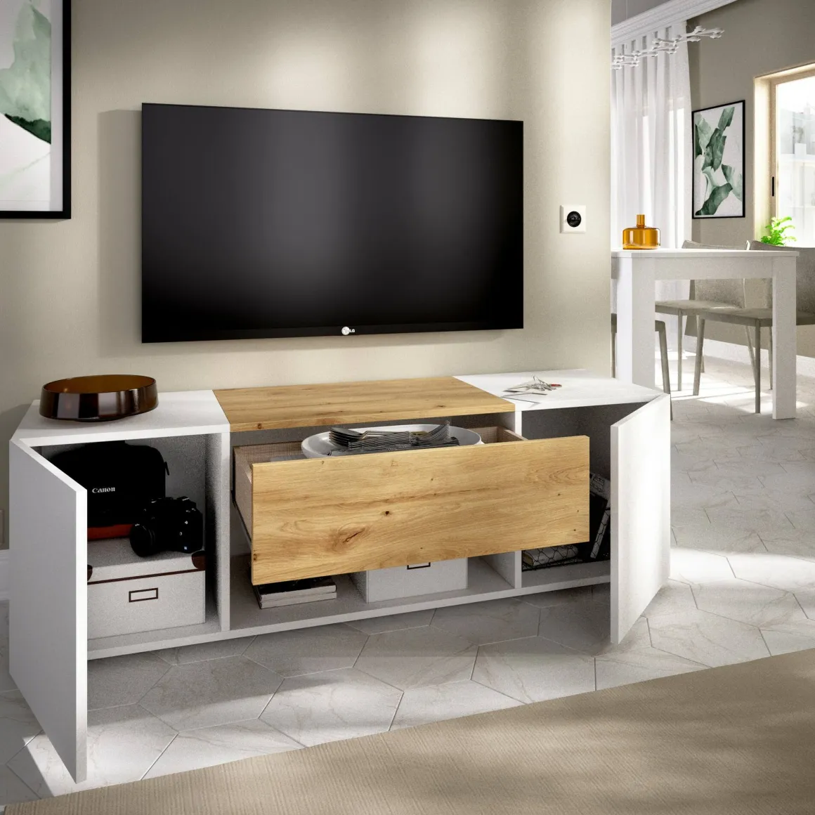 Porta TV bianco e rovere nodi 138x35x44h cm 2 ante e 1 cassetto - Acik
