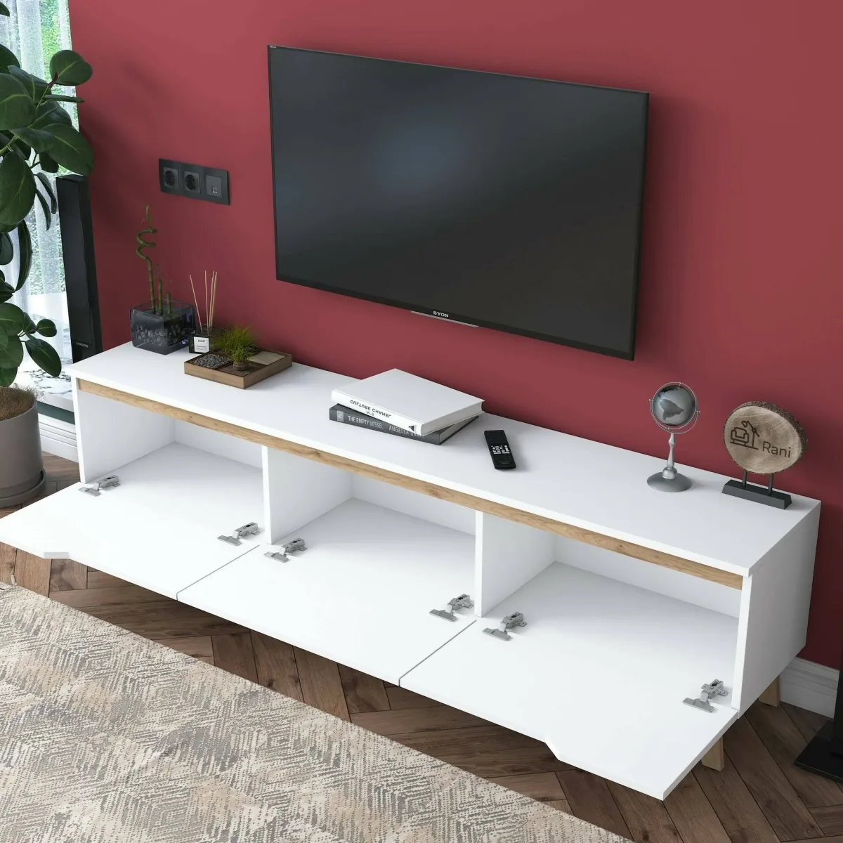 Mobili Porta Tv|Salotto > Dmora Porta TV bianco e rovere 180x35x48h cm 3 ante - Apatite Marrone, Bianco Rovere