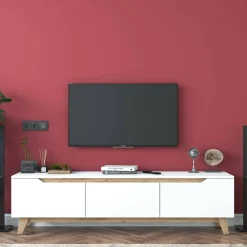 Mobili Porta Tv|Salotto > Dmora Porta TV bianco e rovere 180x35x48h cm 3 ante - Apatite Marrone, Bianco Rovere