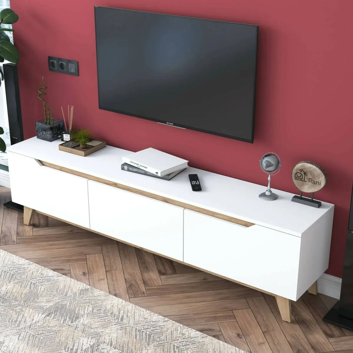 Mobili Porta Tv|Salotto > Dmora Porta TV bianco e rovere 180x35x48h cm 3 ante - Apatite Marrone, Bianco Rovere