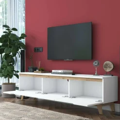 Mobili Porta Tv|Salotto > Dmora Porta TV bianco e rovere 180x35x48h cm 3 ante - Apatite Marrone, Bianco Rovere