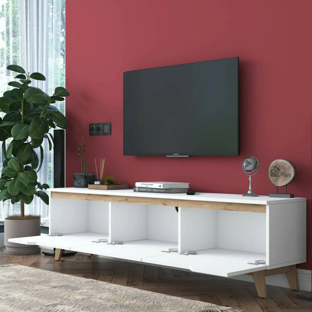 Mobili Porta Tv|Salotto > Dmora Porta TV bianco e rovere 180x35x48h cm 3 ante - Apatite Marrone, Bianco Rovere