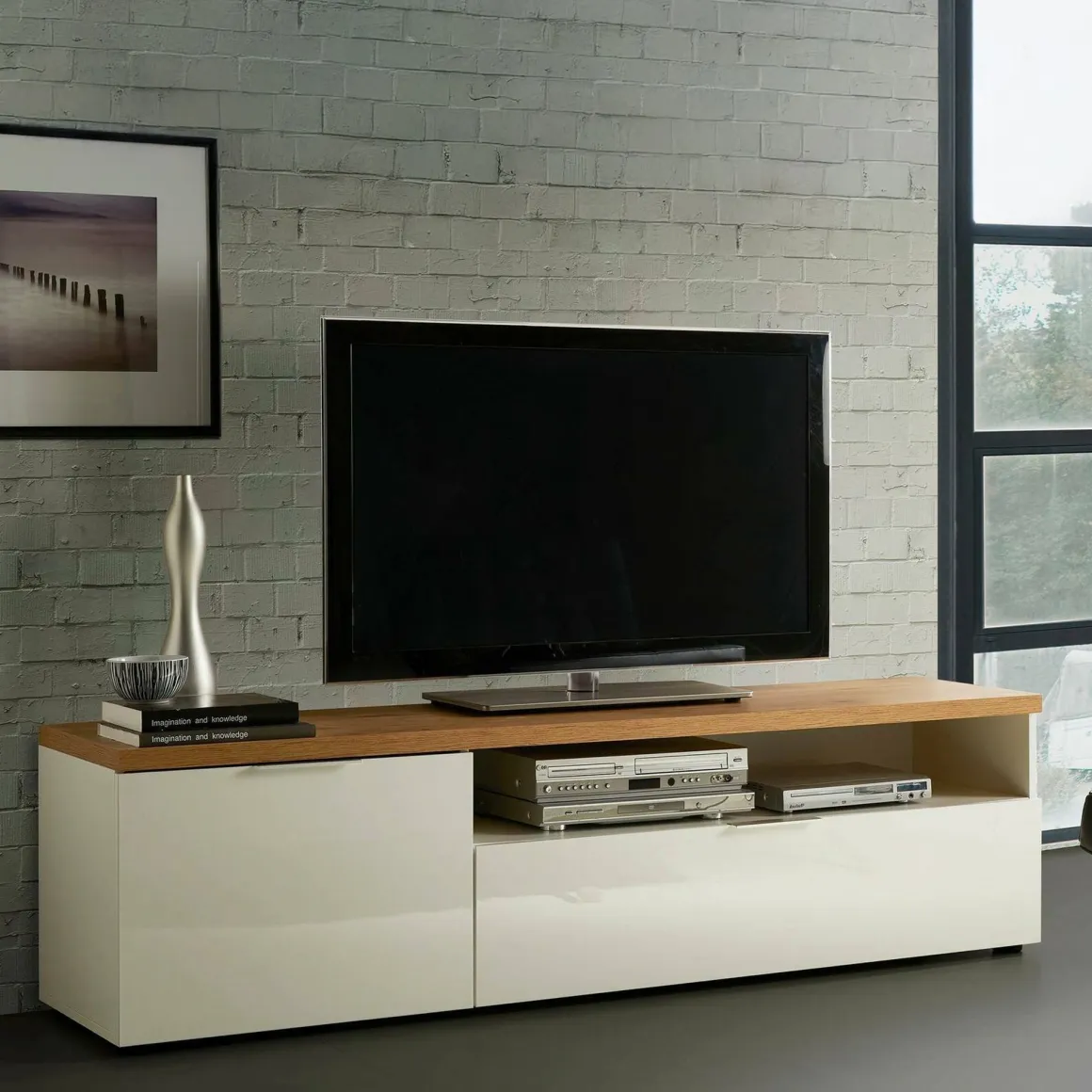 Porta TV bianco lucido e rovere 180x48x43h cm in legno - Manama