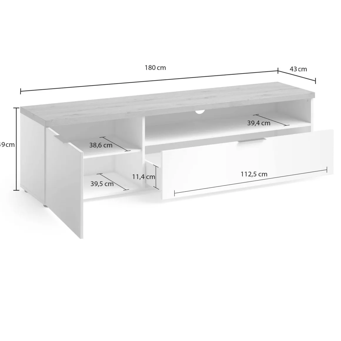 Porta TV bianco lucido e rovere 180x48x43h cm in legno - Manama