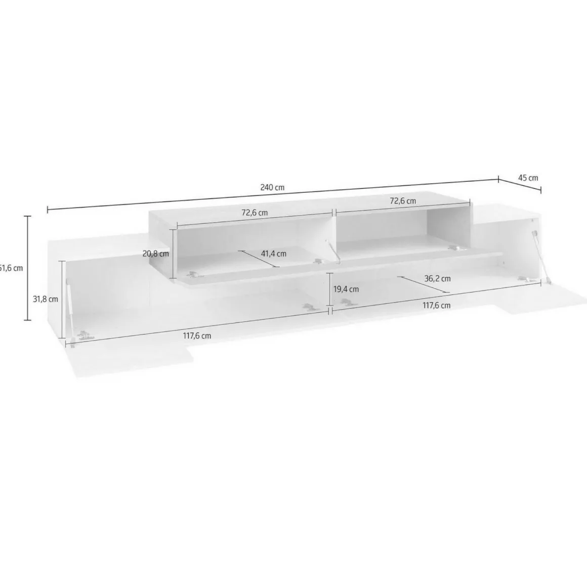 Porta TV bianco lucido 240x45x52h cm 3 ante - Tiche