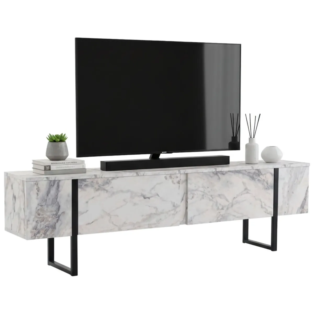 Mobili Porta Tv > Dmora Porta TV marmo e nero 180x29x50h cm 2 ante - Lilith Nero, Bianco Marmo