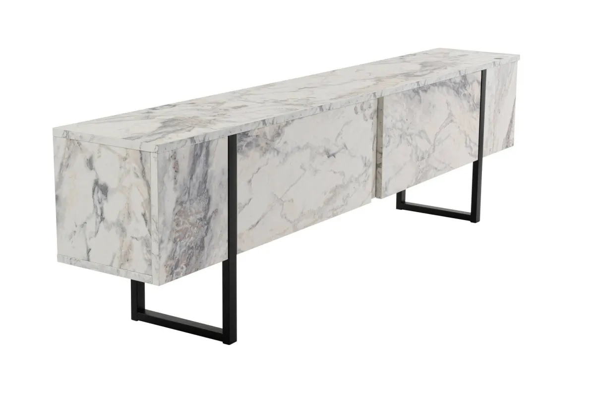 Mobili Porta Tv > Dmora Porta TV marmo e nero 180x29x50h cm 2 ante - Lilith Nero, Bianco Marmo