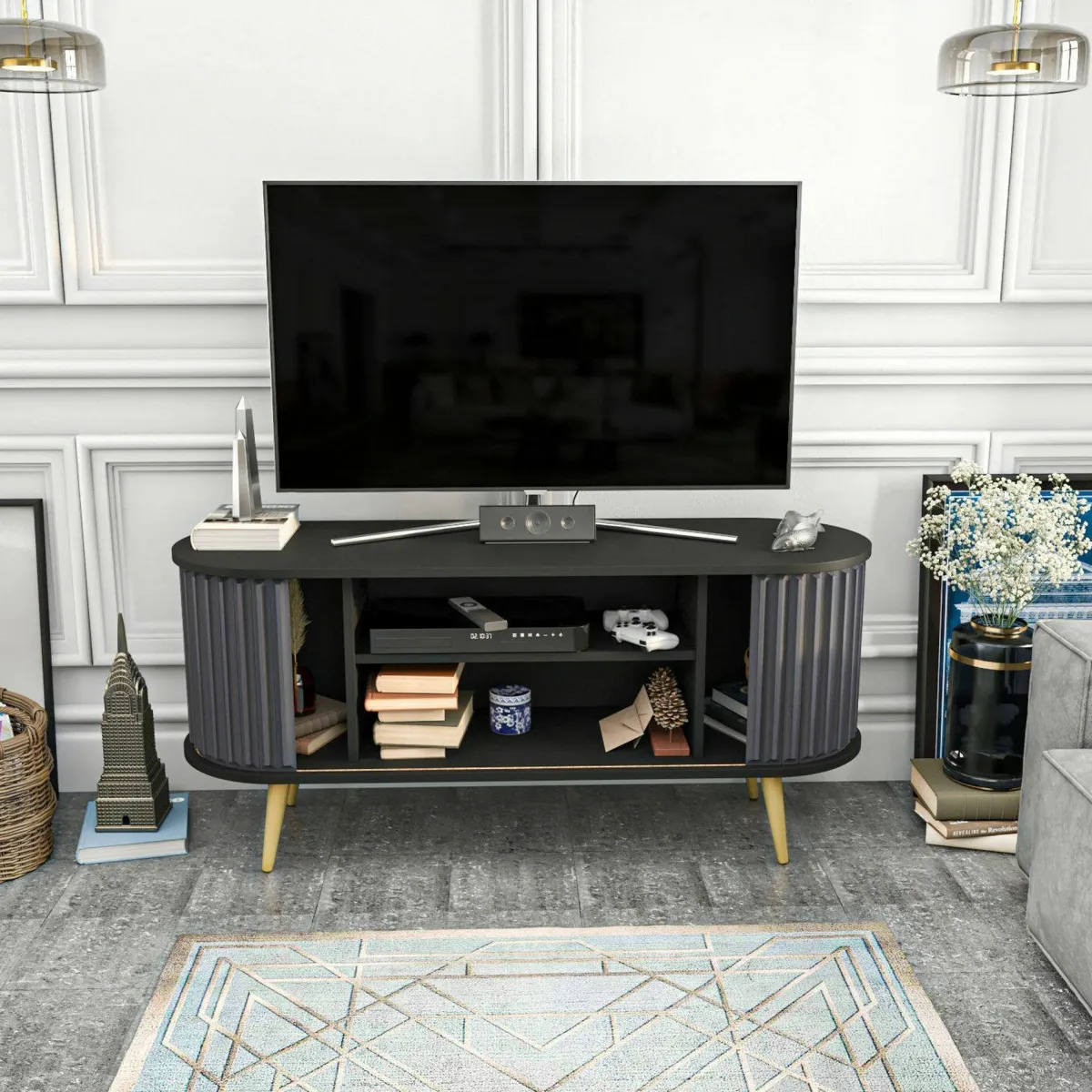 Mobili Porta Tv|Salotto > Dmora Porta TV nero e antracite 140x43x64h cm 2 ante - Bailu Nero, Nero Antracite