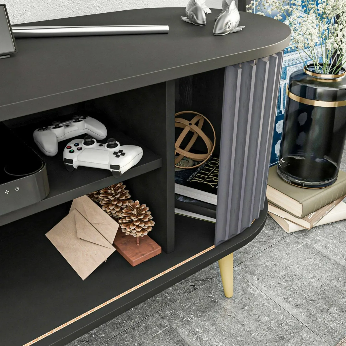 Mobili Porta Tv|Salotto > Dmora Porta TV nero e antracite 140x43x64h cm 2 ante - Bailu Nero, Nero Antracite