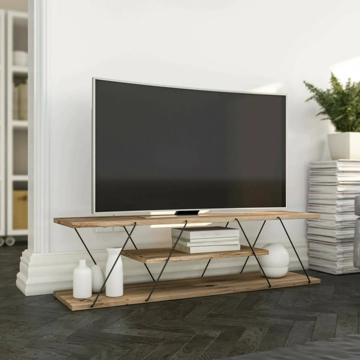 Salotto > Dmora Porta TV nero,noce 120x30x33h cm in legno - Desdemona Nero Noce, Marrone