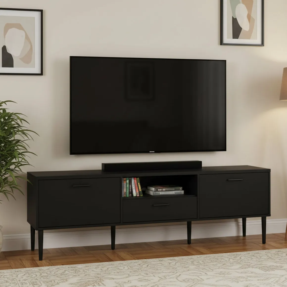 Porta TV nero 177x39x56h cm 2 ante e 1 cassetto - Anselme