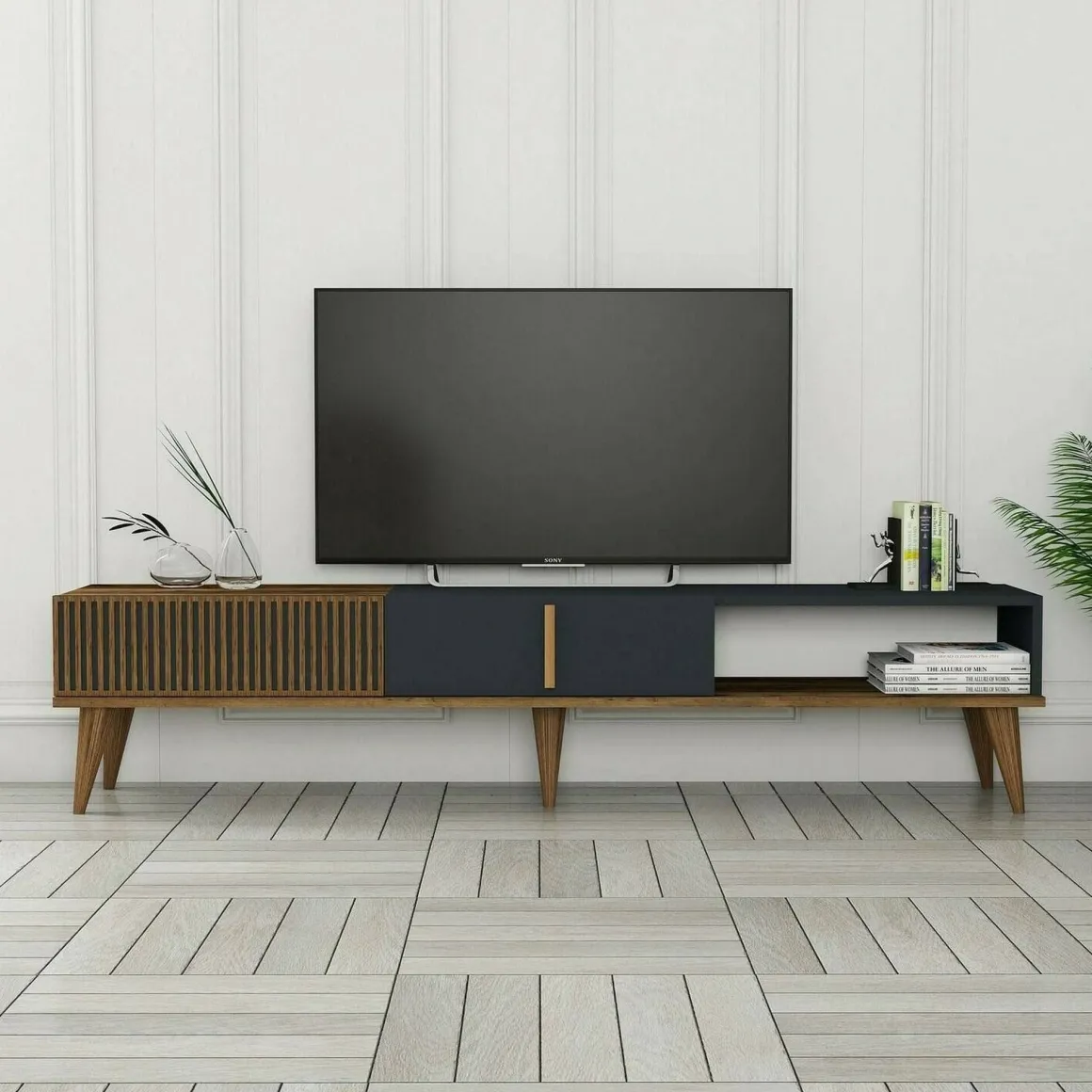 Porta TV noce e antracite 180x35x40h cm 2 ante e 1 cassetto - Jakuchu