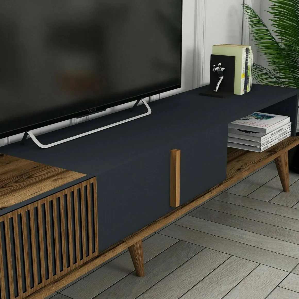 Porta TV noce e antracite 180x35x40h cm 2 ante e 1 cassetto - Jakuchu