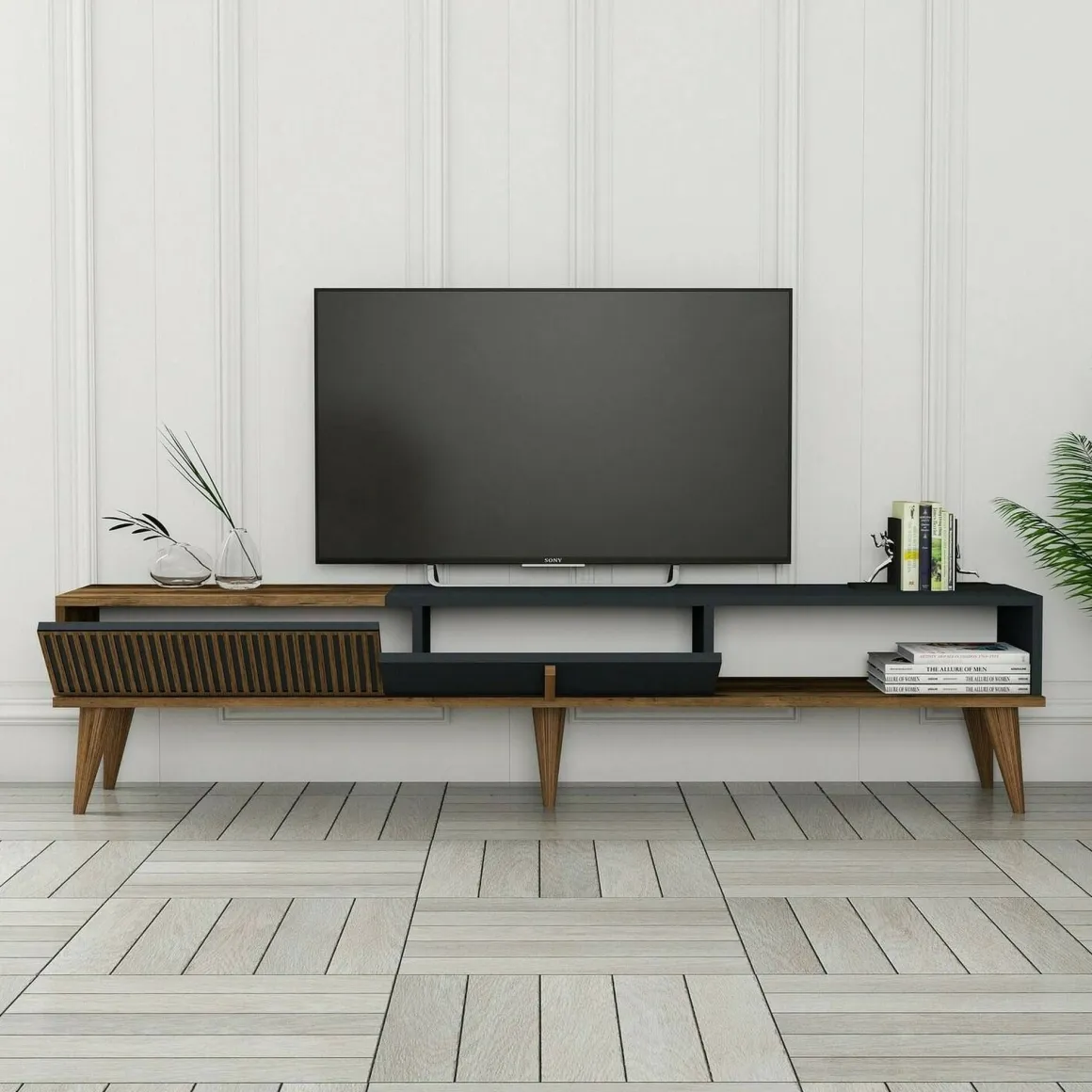 Porta TV noce e antracite 180x35x40h cm 2 ante e 1 cassetto - Jakuchu