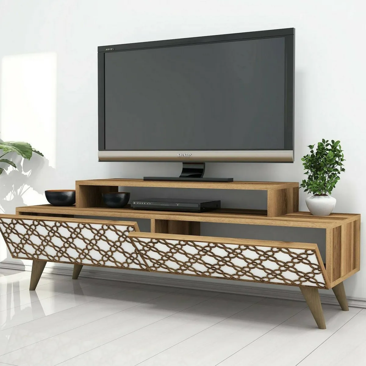 Mobili Porta Tv|Salotto > Dmora Porta TV noce e bianco 140x41x48h cm modulabile - Arnara Bianco, Marrone Noce