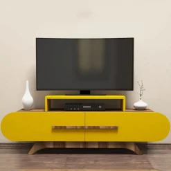 Mobili Porta Tv > Dmora Porta TV noce e giallo 145x36x49h cm 2 ante - Nesatm Giallo, Marrone Noce