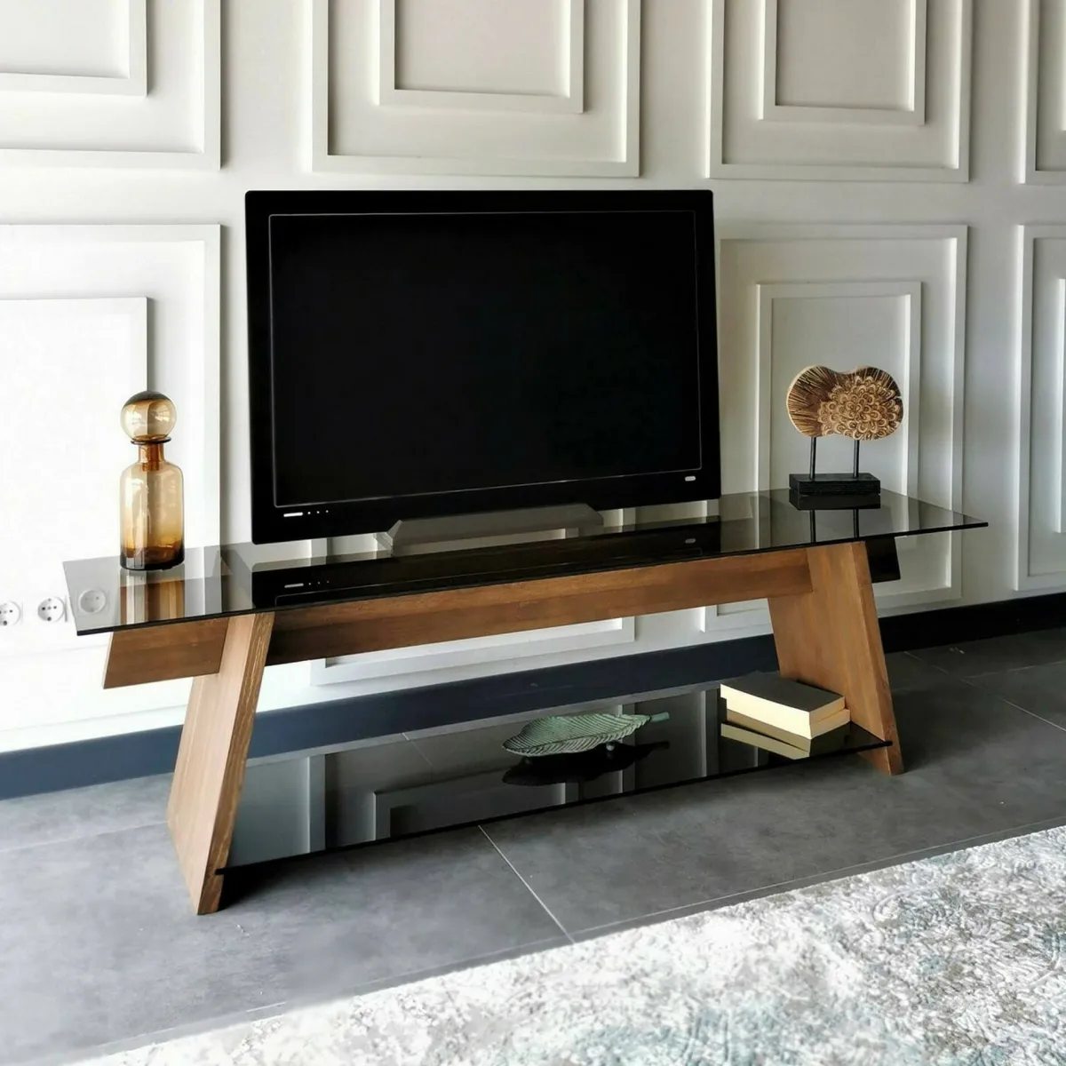 Mobili Porta Tv|Salotto > Dmora Porta TV noce e nero 158x40x45h cm in legno - Amorosi Nero, Marrone Noce