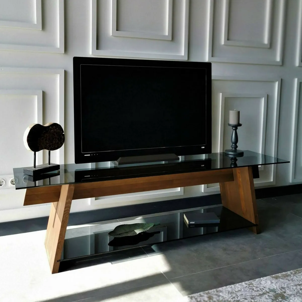 Mobili Porta Tv|Salotto > Dmora Porta TV noce e nero 158x40x45h cm in legno - Amorosi Nero, Marrone Noce