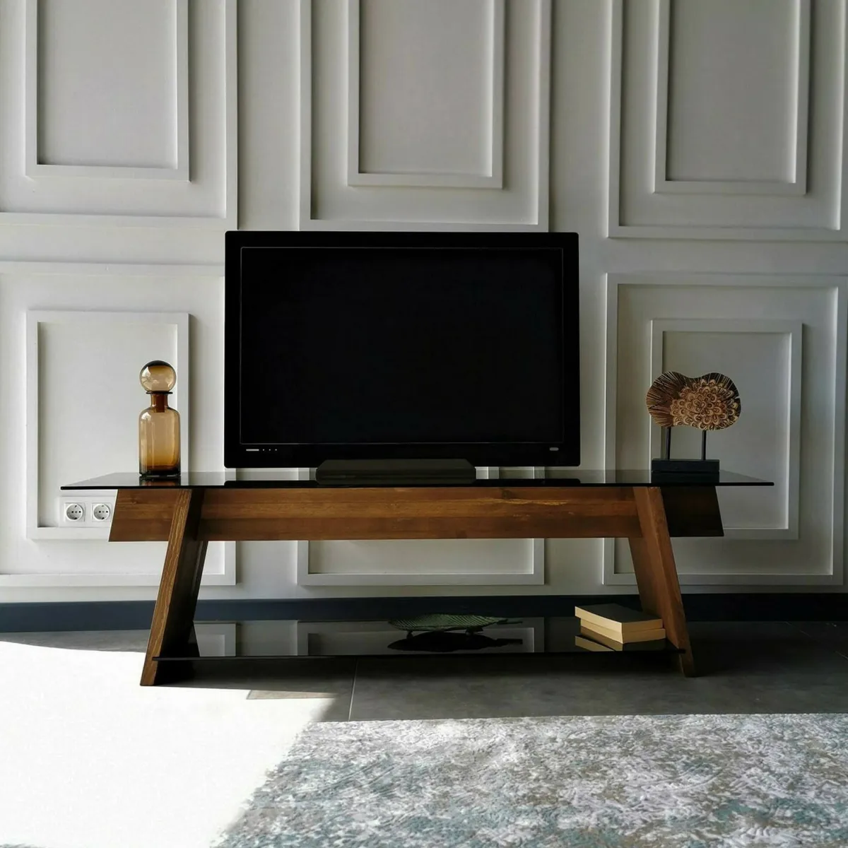 Mobili Porta Tv|Salotto > Dmora Porta TV noce e nero 158x40x45h cm in legno - Amorosi Nero, Marrone Noce