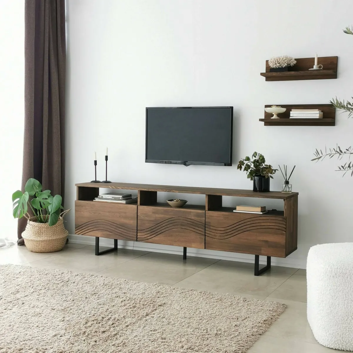 Mobili Porta Tv|Salotto > Dmora Porta TV noce 170x30x40h cm 3 ante legno massello - Ulana Marrone Noce