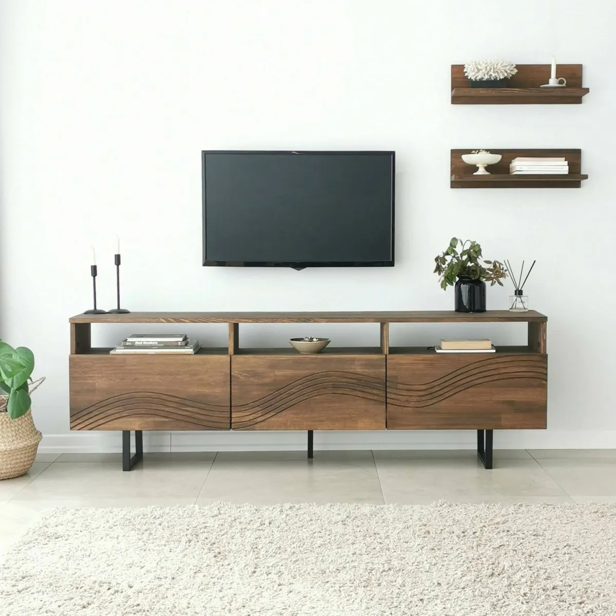 Mobili Porta Tv|Salotto > Dmora Porta TV noce 170x30x40h cm 3 ante legno massello - Ulana Marrone Noce