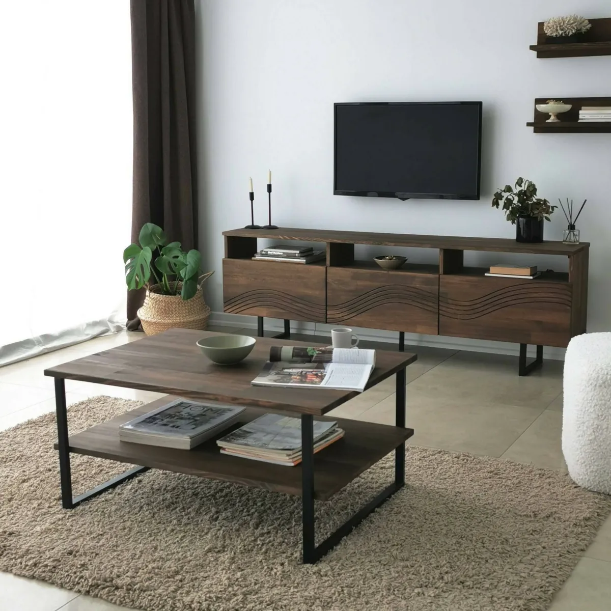 Mobili Porta Tv|Salotto > Dmora Porta TV noce 170x30x40h cm 3 ante legno massello - Ulana Marrone Noce