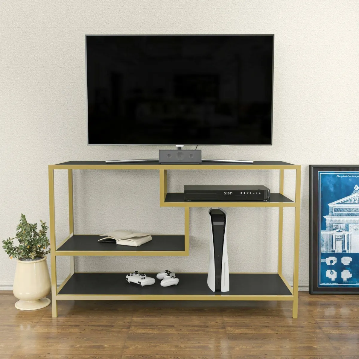 Mobili Porta Tv|Salotto > Dmora Porta TV oro e antracite 120x39x75h cm in legno - Ivette Nero, Oro Antracite