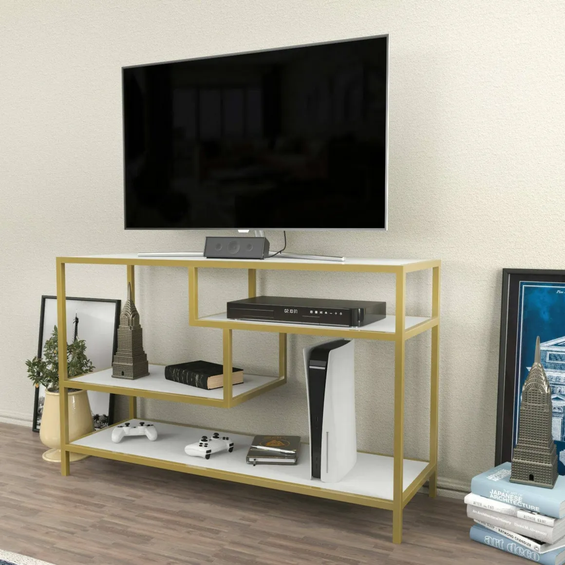 Porta TV oro e bianco 120x39x75h cm in legno - Ivette