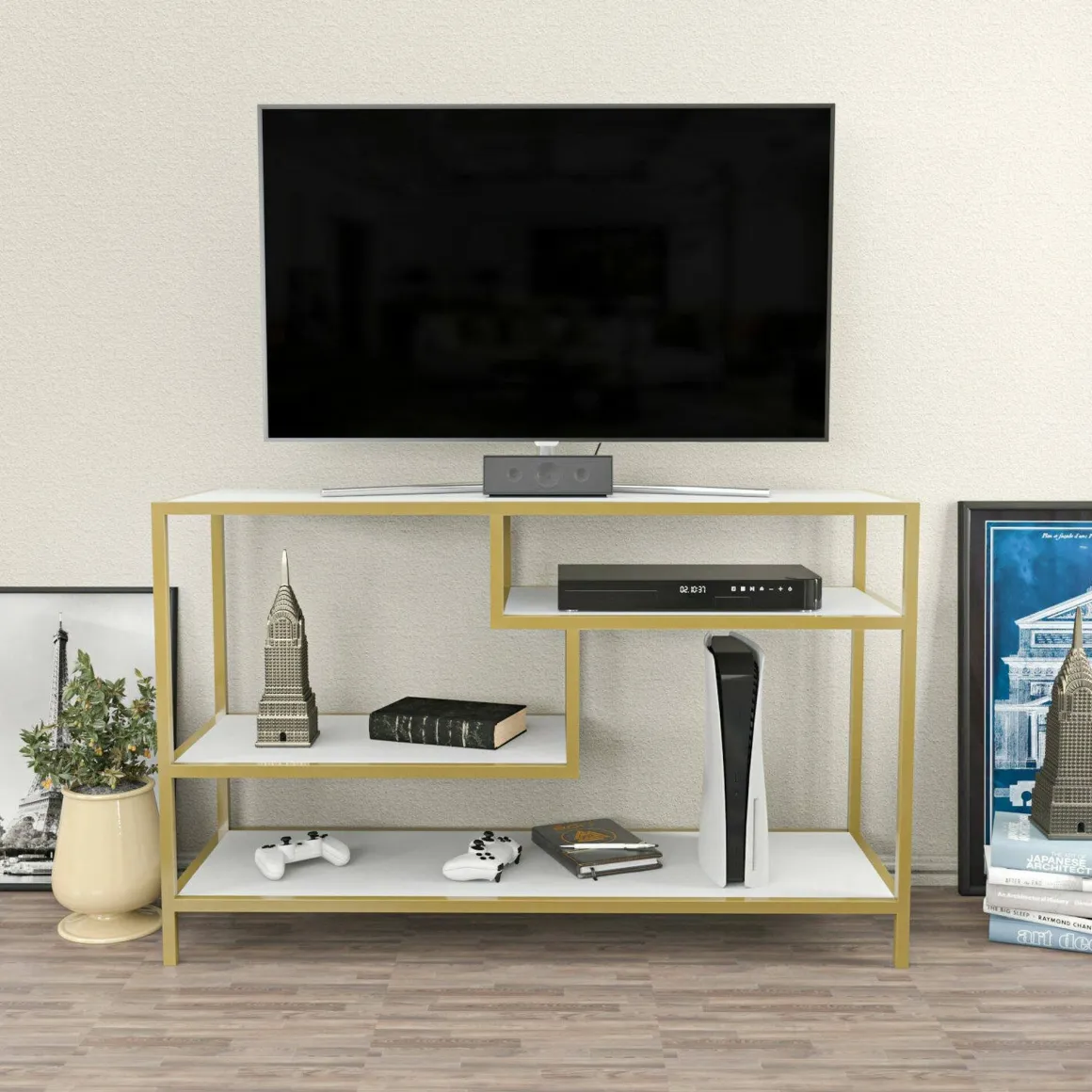 Porta TV oro e bianco 120x39x75h cm in legno - Ivette