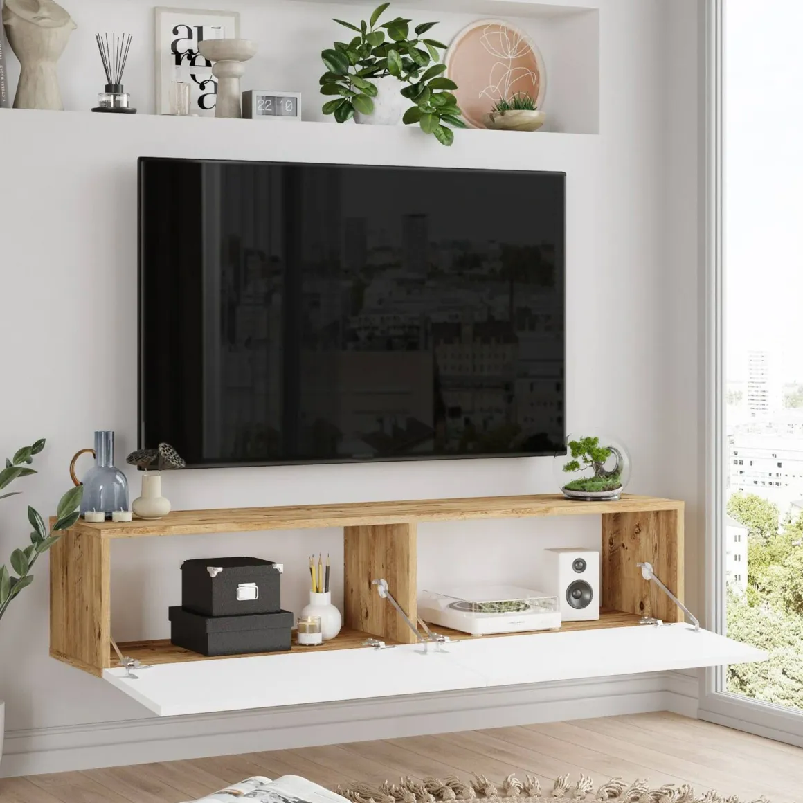 Mobili Porta Tv|Salotto > Dmora Porta TV quercia e bianco 140x43x64h cm 2 ante - Bailu Bianco, Marrone Quercia