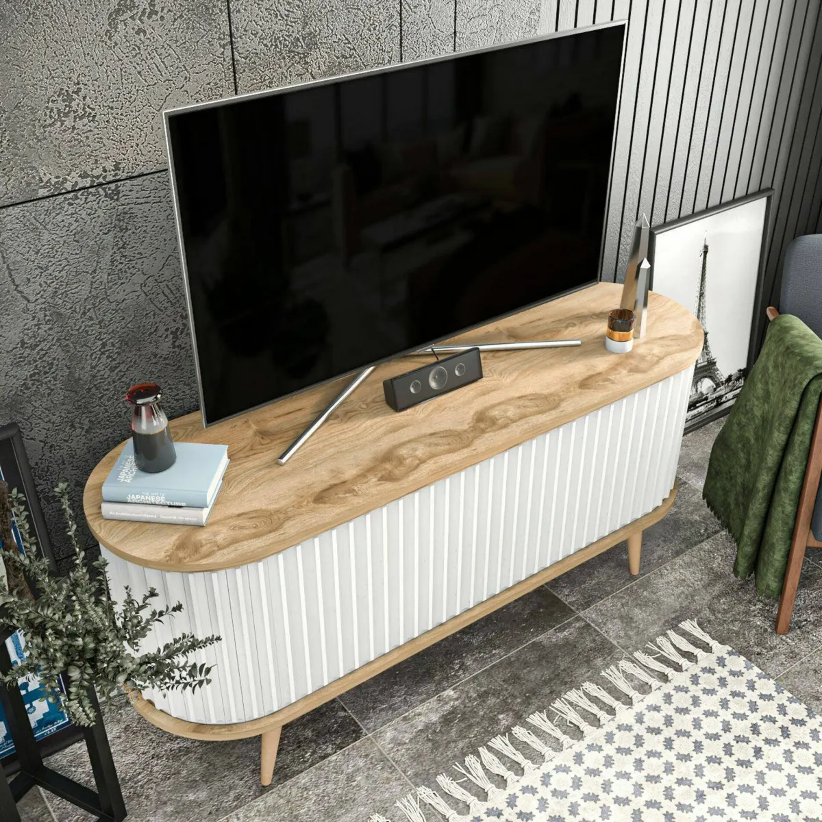 Mobili Porta Tv|Salotto > Dmora Porta TV quercia e bianco 140x43x64h cm 2 ante - Bailu Bianco, Marrone Quercia