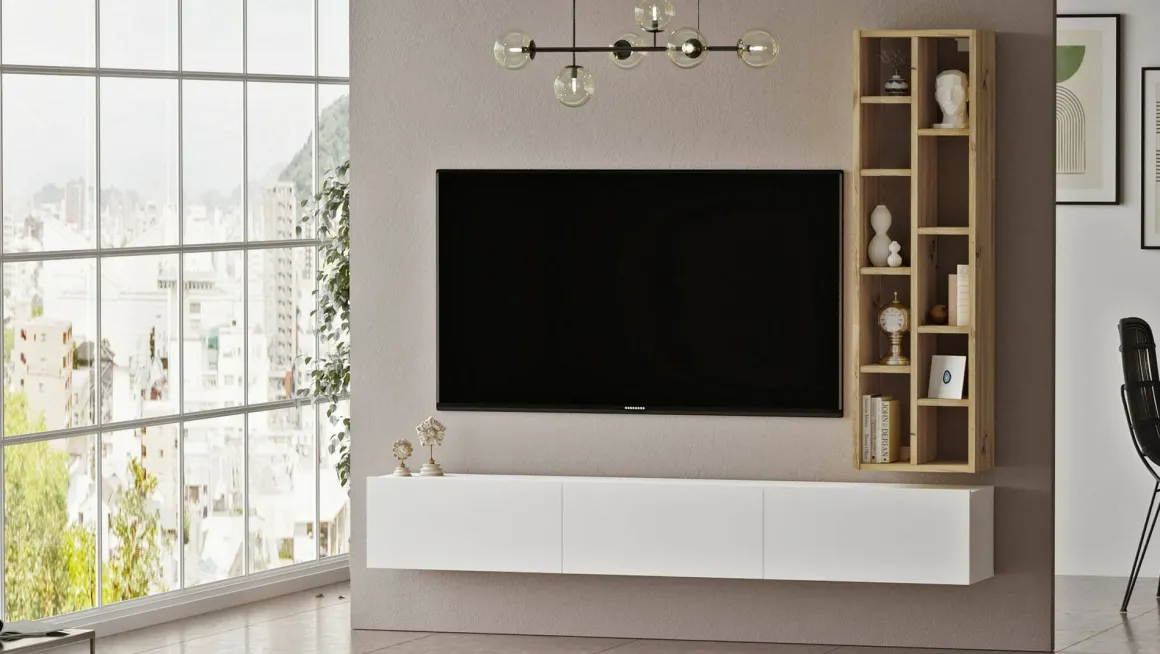 Mobili Porta Tv|Salotto > Dmora Porta TV quercia e bianco 180x31x29h cm 2 ante - Pavone Bianco, Marrone Quercia
