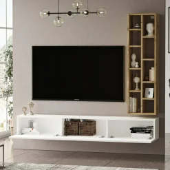 Mobili Porta Tv|Salotto > Dmora Porta TV quercia e bianco 180x31x29h cm 2 ante - Pavone Bianco, Marrone Quercia