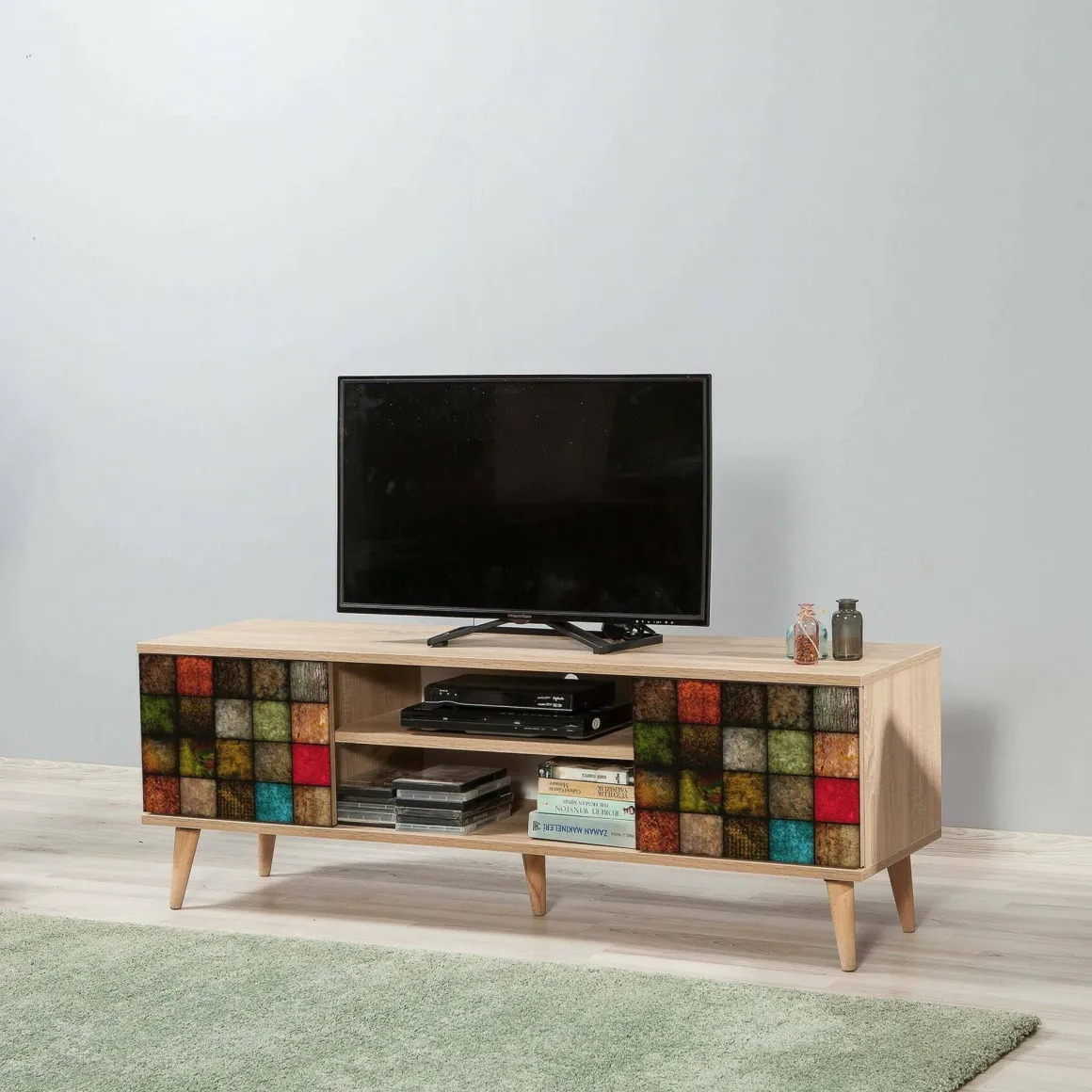 Porta TV quercia e multicolore 140x40x50h cm 2 ante - Enrica