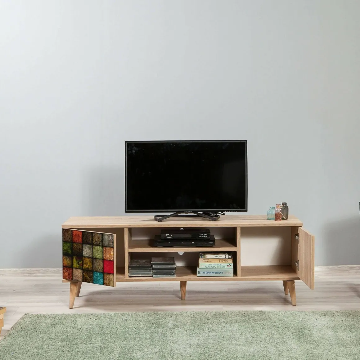 Porta TV quercia e multicolore 140x40x50h cm 2 ante - Enrica